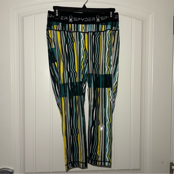 Spyder Yellow & Blue Freeze Stripe Print Slash Capri Tight Leggings Size Medium - Picture 1 of 8